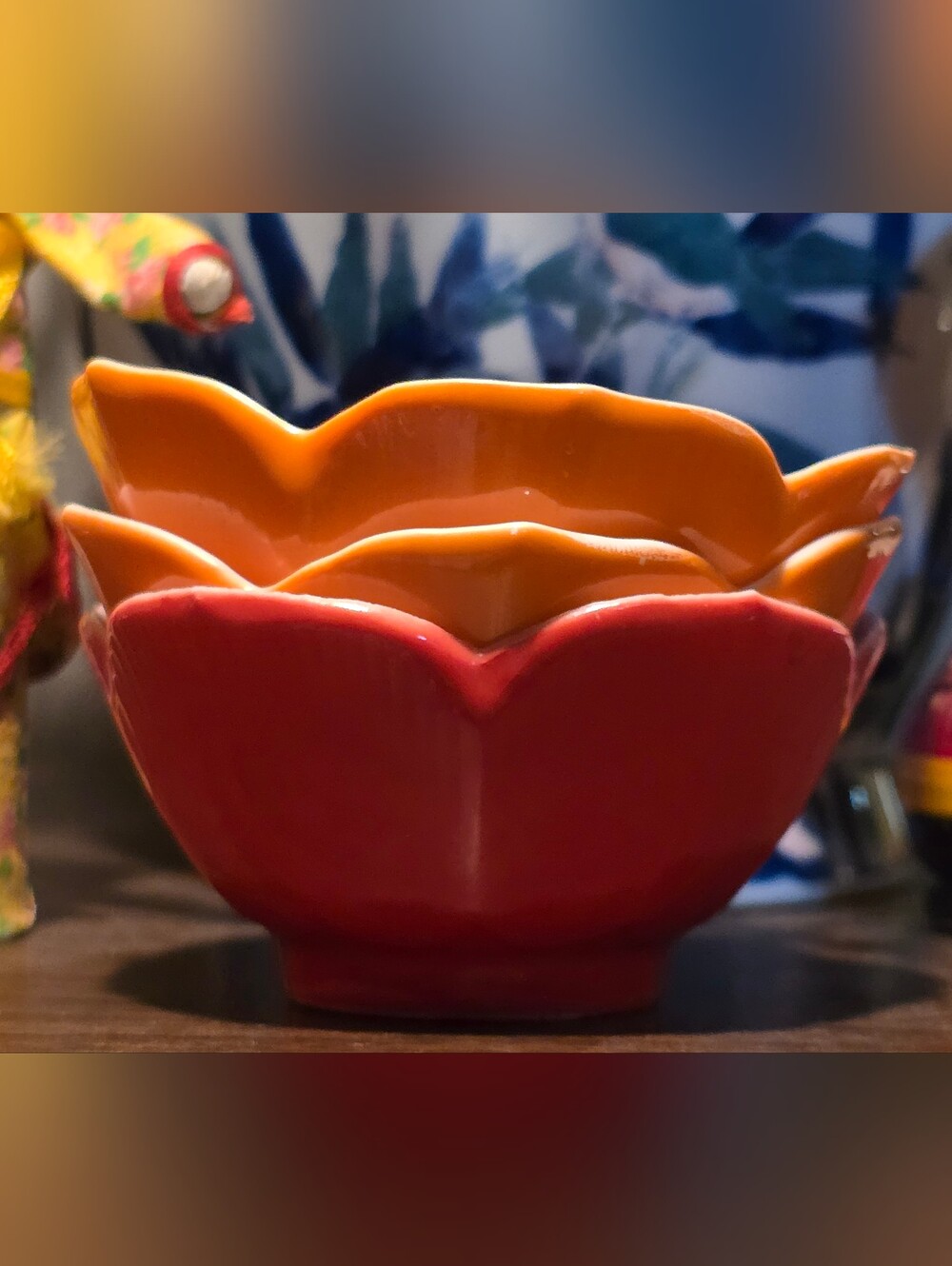 Vintage Vibrant Red & Orange Ceramic Petal Bowl Set - Home Art